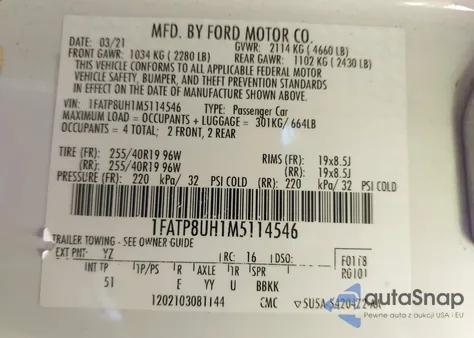 2021 Ford Mustang Ecoboost Premium из США, поврежденный, VIN 1FATP8UH1M5114546